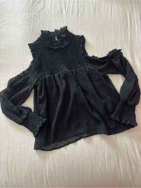 Alpha & Omega Black Swiss Dot Smocked Ruffle Blouse Size Small